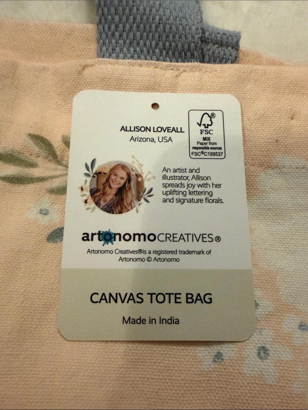 NWT, Peach Floral Cross Tote Bag with Blue Handles